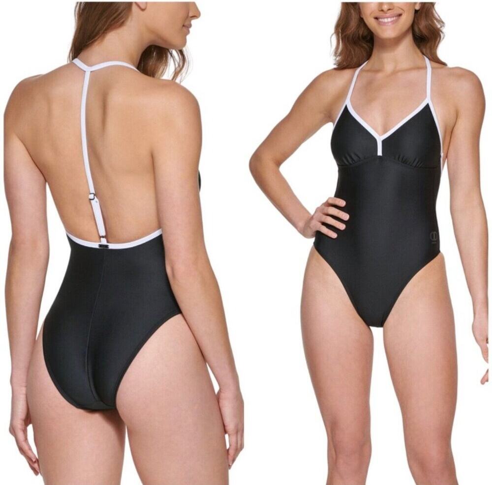 DKNY Swimsuit Size Small Black White T-Strap Back Sporty Swim One Piece NWT - Picture 1 of 16